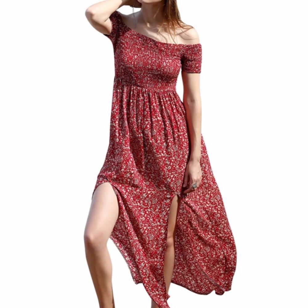 ❌SOLD❌ red off the shoulder floral maxi dress